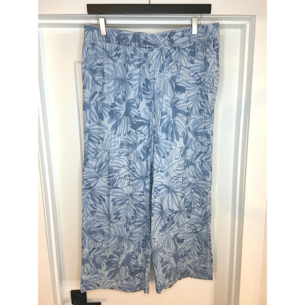 Nautica Jeans Womens XL Blue Tropical Palm Print Wide Leg Elastic Waist Pants